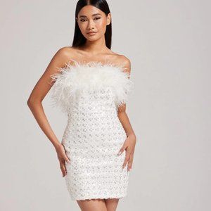 Nadine Merabi Harlow White Dress - Bridal Mini w/ Sequins & Feathers!
